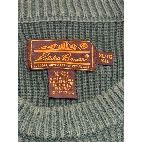 Vintage Eddie Bauer Ribbed Fisherman Crewneck Sweater Green Cotton 90s Size XLT - Picture 5 of 8